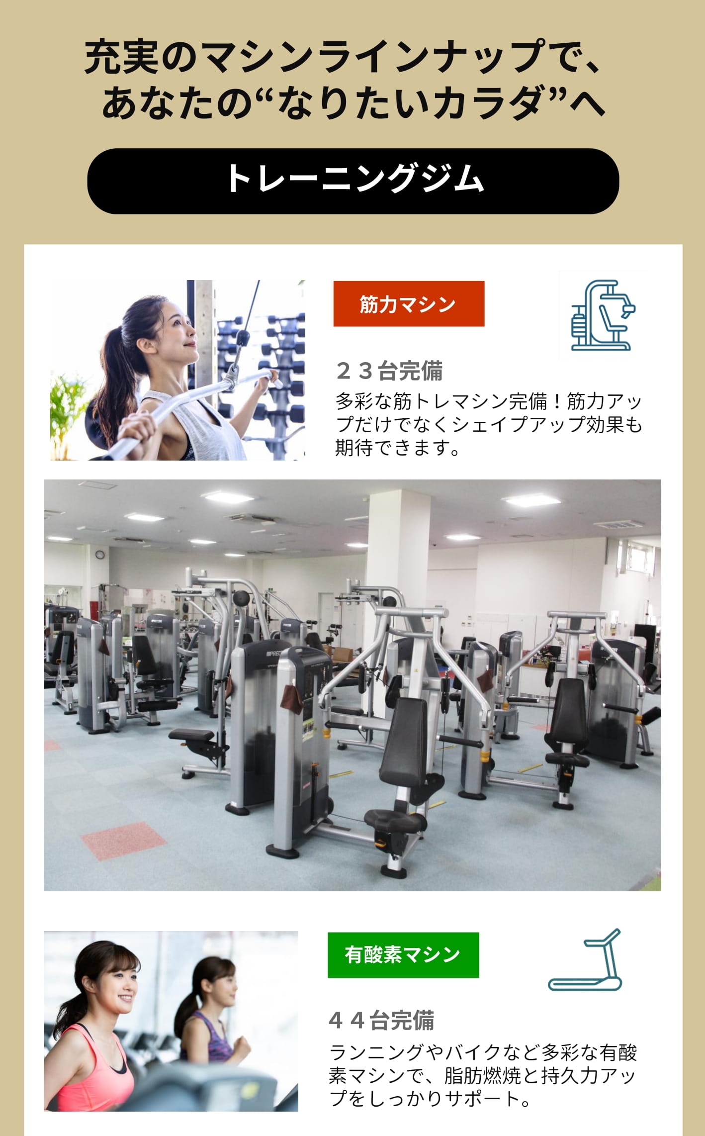 充実のマシンラインアップ　筋肉マイン/有酸素マシン