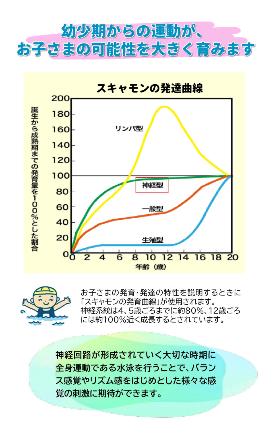 幼年期からの運動が、お子様の可能性を育みます　スキャモンの発達曲線