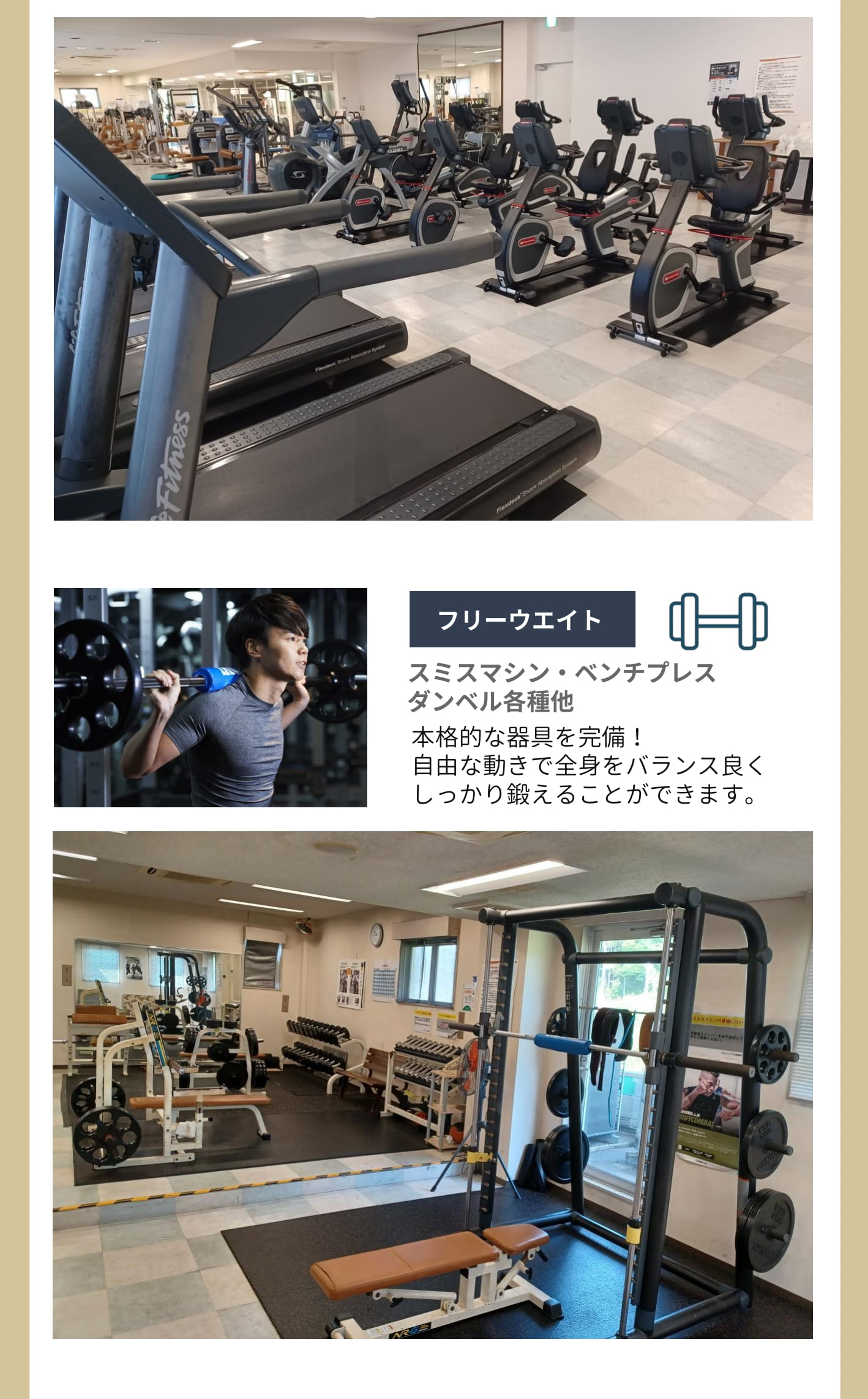 充実のマシンラインアップ　フリーウエイト/ストレッチエリア
