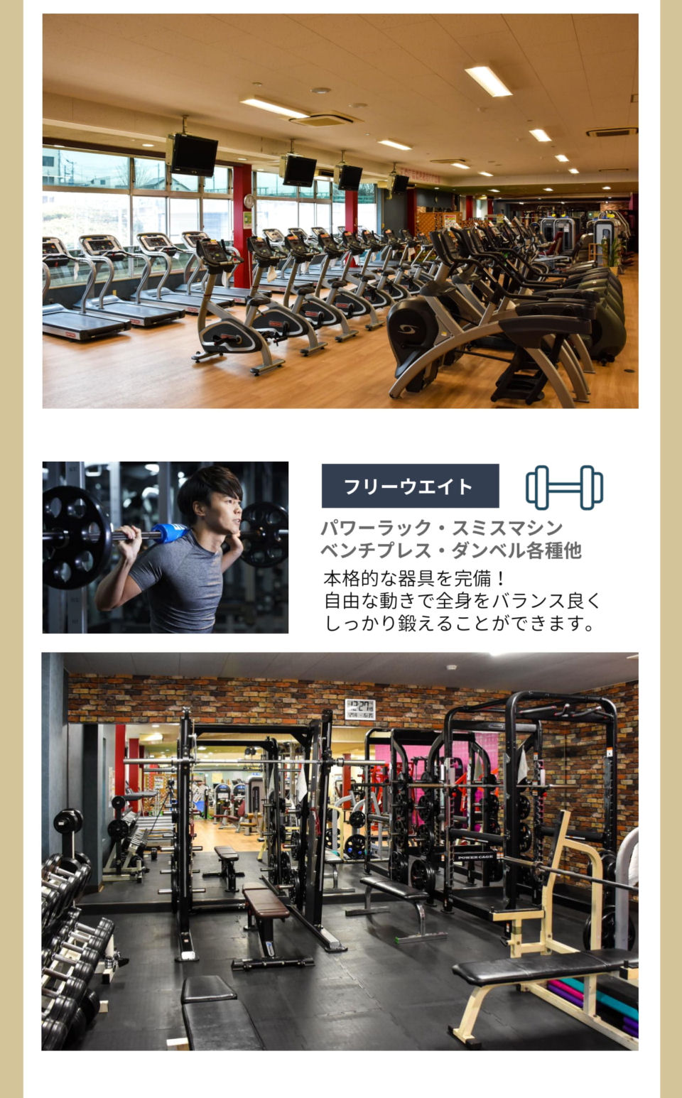 充実のマシンラインアップ　フリーウエイト/グリーンフィールド